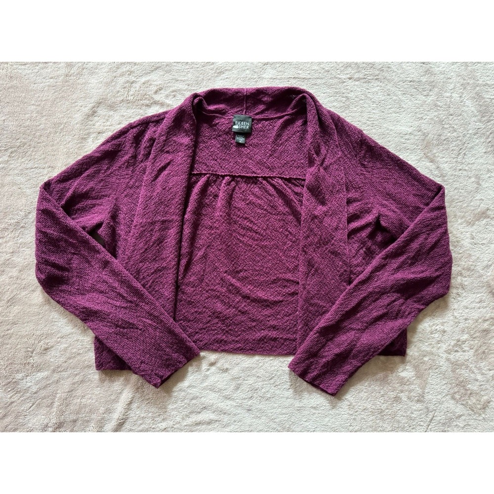 EILEEN FISHER Women's Long Sleeve Open Front Wool Cropped Cardigan Burgundy Sz M